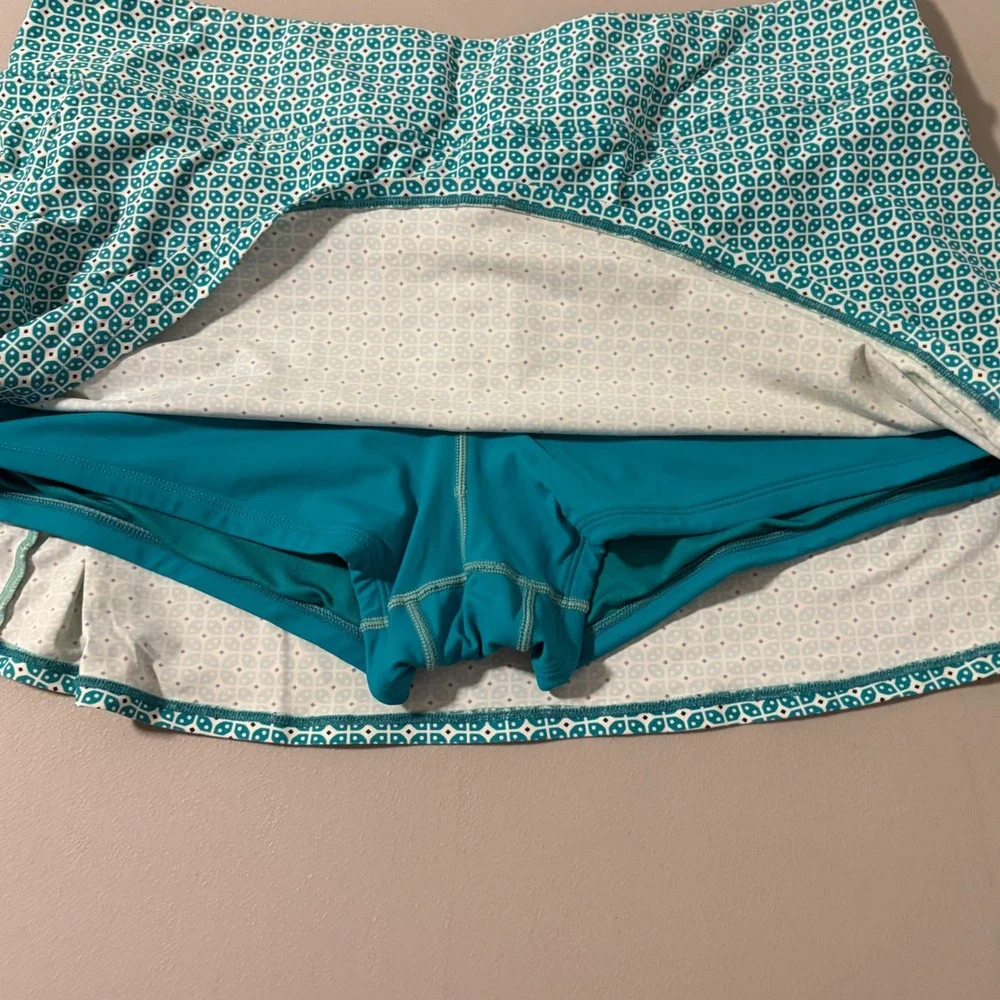 Beach House Teal Geometric Print Swim Skort Side Pocket Sz 14 Pickleball Tennis